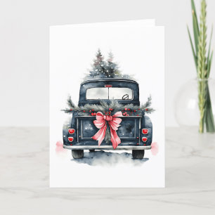 Vintage Watercolor Christmas Tree Truck Blank Holiday Card