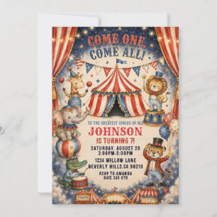 Vintage Watercolor Circus Animals Birthday Party Invitation
