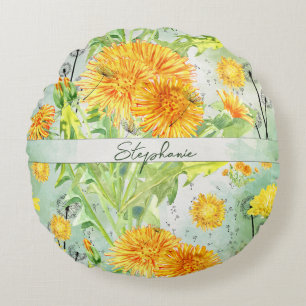 Vintage Watercolor Dandelion Pattern Monogram Round Pillow