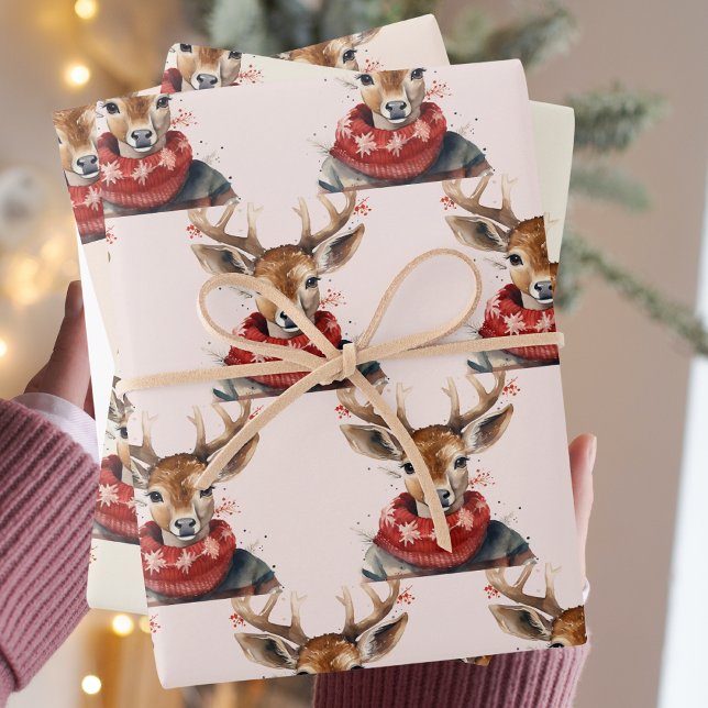 Vintage Watercolor Deer &. Merry Christmas Wrapping Paper Sheet (Creator Uploaded)