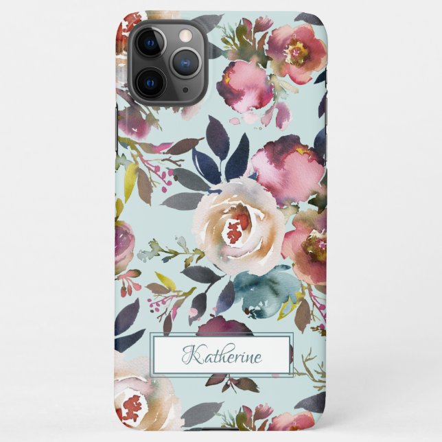 Vintage Watercolor Dusty Green Pink Floral Named iPhone Case (Back)