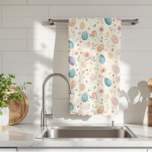 Vintage Watercolor Easter Flowers Leaves Eggs Kitchen Towel