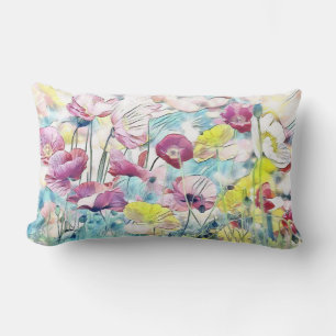Vintage Watercolor Field of Poppy Flowers Lumbar Pillow
