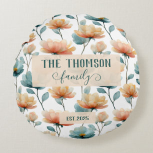 Vintage Watercolor Floral Family Heritage Round Pillow
