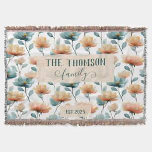 Vintage Watercolor Floral Family Heritage Throw Blanket