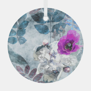Vintage Watercolor Floral Lilac Poppies Glass Ornament
