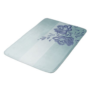 Vintage Watercolor Floral Ombre Blue Bath Mat