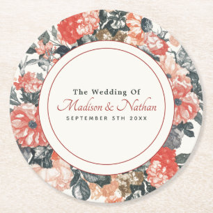 Vintage Watercolor Floral Wedding Round Paper Coaster