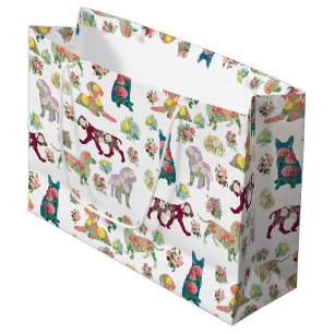 Vintage Watercolor Flowers & Dogs Pattern Large Gift Bag