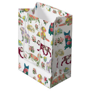 Vintage Watercolor Flowers & Dogs Pattern Medium Gift Bag