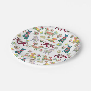 Vintage Watercolor Flowers & Dogs Pattern Paper Plate