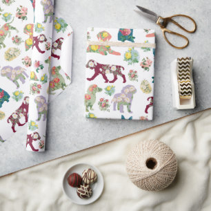 Vintage Watercolor Flowers & Dogs Pattern Wrapping Paper