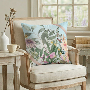 Vintage Watercolor Flowers Light Cyan Throw Pillow