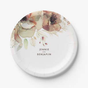 Vintage Watercolor Flowers Shabby Fall Wedding Paper Plate