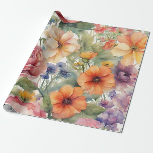 Vintage Watercolor Garden Flowers in Bloom  Wrapping Paper
