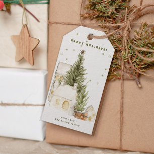 Vintage Watercolor Green Village Happy Holidays  Gift Tags