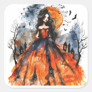 Vintage Watercolor Halloween Midnight WitchSticker Square Sticker