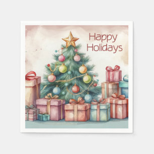 Vintage Watercolor Happy Holidays Christmas Tree  Napkin