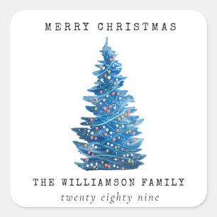 VINTAGE WATERCOLOR HOLIDAY CHRISTMAS TREE SQUARE STICKER