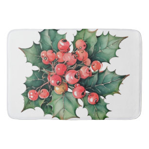 Vintage watercolor holly berries leaves bath mat