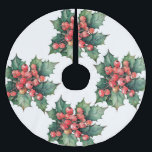 Vintage watercolor holly berries leaves  brushed polyester tree skirt<br><div class="desc">A vintage watercolor painting of classic holly berries and leaves.  Customizable!</div>