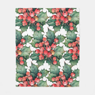 Vintage watercolor holly berries leaves fleece blanket