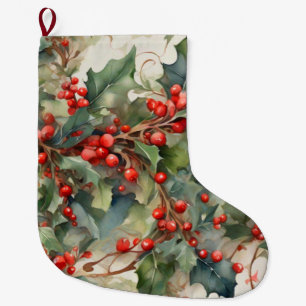 Vintage watercolor holly berries leaves  large christmas stocking
