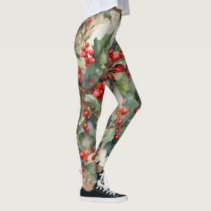 Vintage watercolor holly berries leaves  leggings
