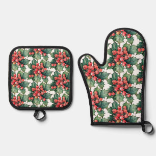 Vintage watercolor holly berries leaves  oven mitt & pot holder set