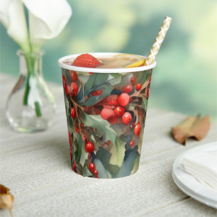 Vintage watercolor holly berries leaves paper cups