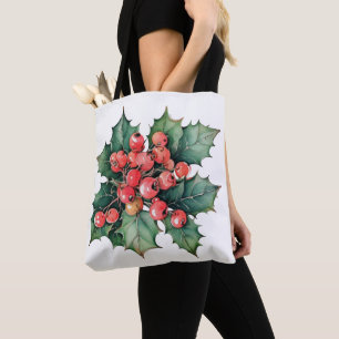 Vintage watercolor holly berries leaves tote bag