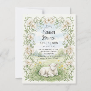 Vintage Watercolor Lamb Floral Easter Brunch Invitation