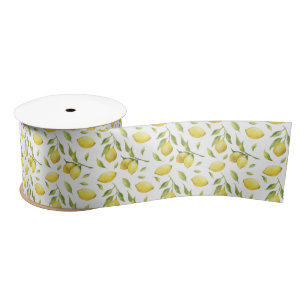 Vintage Watercolor Lemons and Greenery Pattern Satin Ribbon