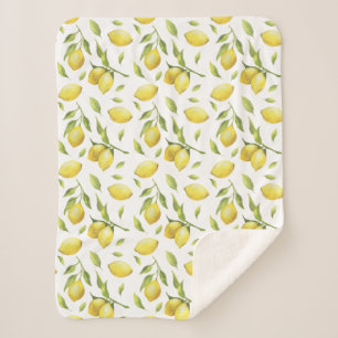 Vintage Watercolor Lemons and Greenery Pattern Sherpa Blanket