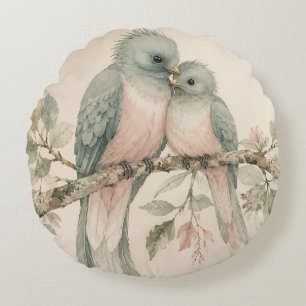 Vintage Watercolor Love Birds Round Pillow