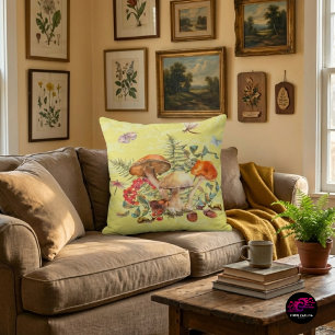 Vintage Watercolor Mushroom Botanical Throw Pillow