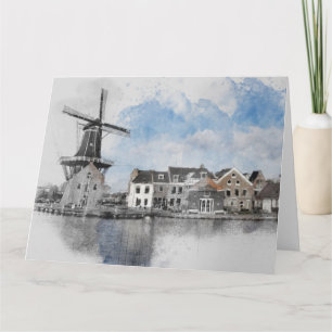 Vintage Watercolor Netherlands & Windmill Postcard