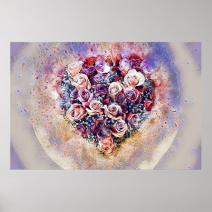 Vintage Watercolor of Colorful Roses Heart  Poster