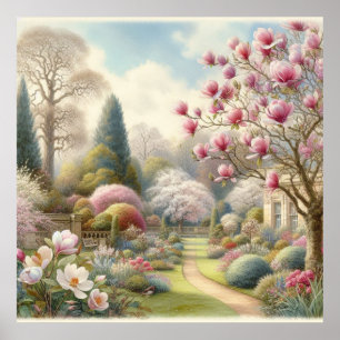 Vintage Watercolor of floral garden with magnolias Poster