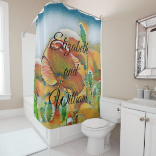 Vintage Watercolor of Orange Green Poppy Flowers