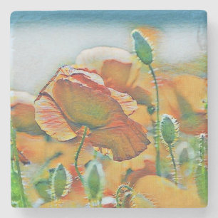 Vintage Watercolor of Orange Green Poppy Flowers  Stone Coaster