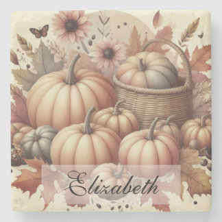 Vintage watercolor of pumpkins and fall leaves stone coaster