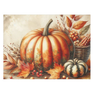 Vintage watercolor of pumpkins and fall leaves tablecloth