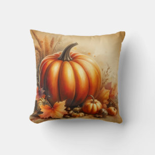 Vintage watercolor of pumpkins and fall leaves throw pillow