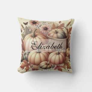 Vintage watercolor of pumpkins and fall leaves throw pillow