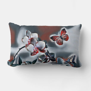 Vintage Watercolor of White Red Grey Orchid Flower Lumbar Pillow