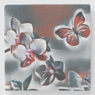 Vintage Watercolor of White Red Grey Orchid Flower Stone Coaster