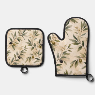 Vintage Watercolor Olive Branch Oven  Mitt & Pot Holder Set