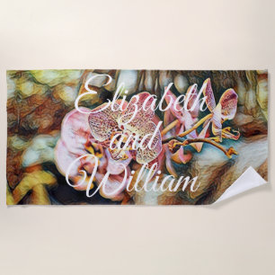 Vintage Watercolor Painting of Pink Orchid Flowers Beach Towel