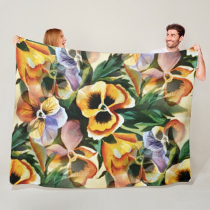 Vintage Watercolor Pansy Garden in Warm Autumn Fleece Blanket